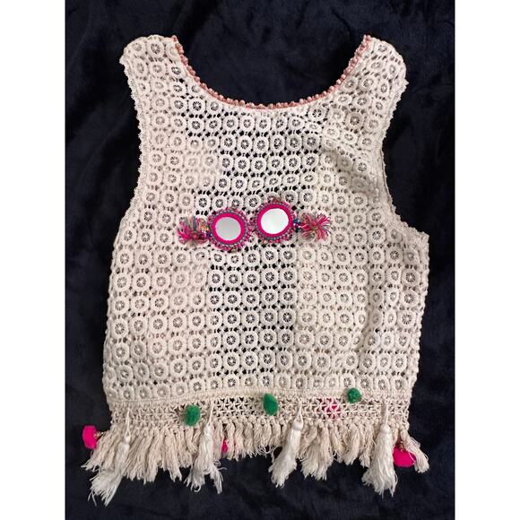 NWT FETICHE SUANCES BOHO CROCHET BANJARA VEST MIRRORS, SHELLS, BEADS, TASSELS - Picture 2 of 9
